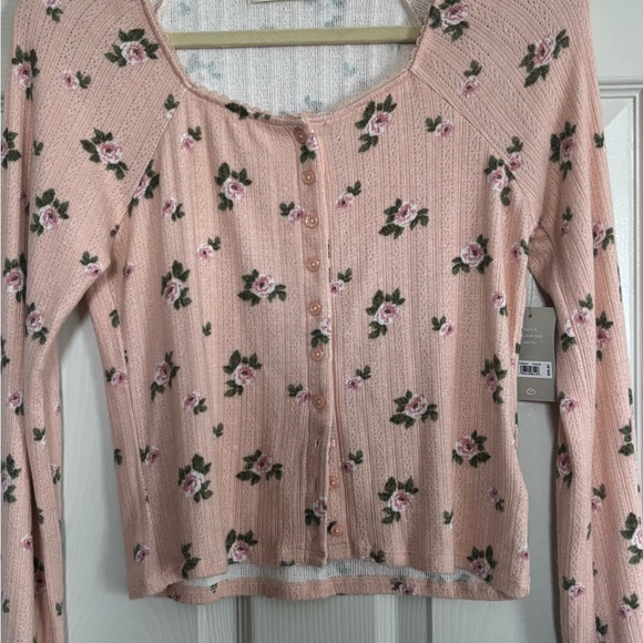 NWT Lucky Brand Pointelle Floral Pink Long Sleeve Button Up Cottagecore Shirt - Picture 10 of 14